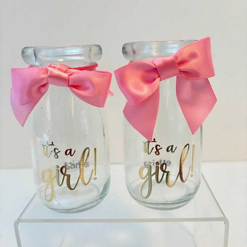 It's a Girl! Milk Glass Bottles With Ribbons Mini Vases Decorations Set of 5